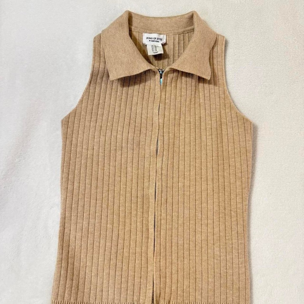 Song of Style Aimee Song Ribbed Knit Zip Up Sweater Vest XS Tan Beige